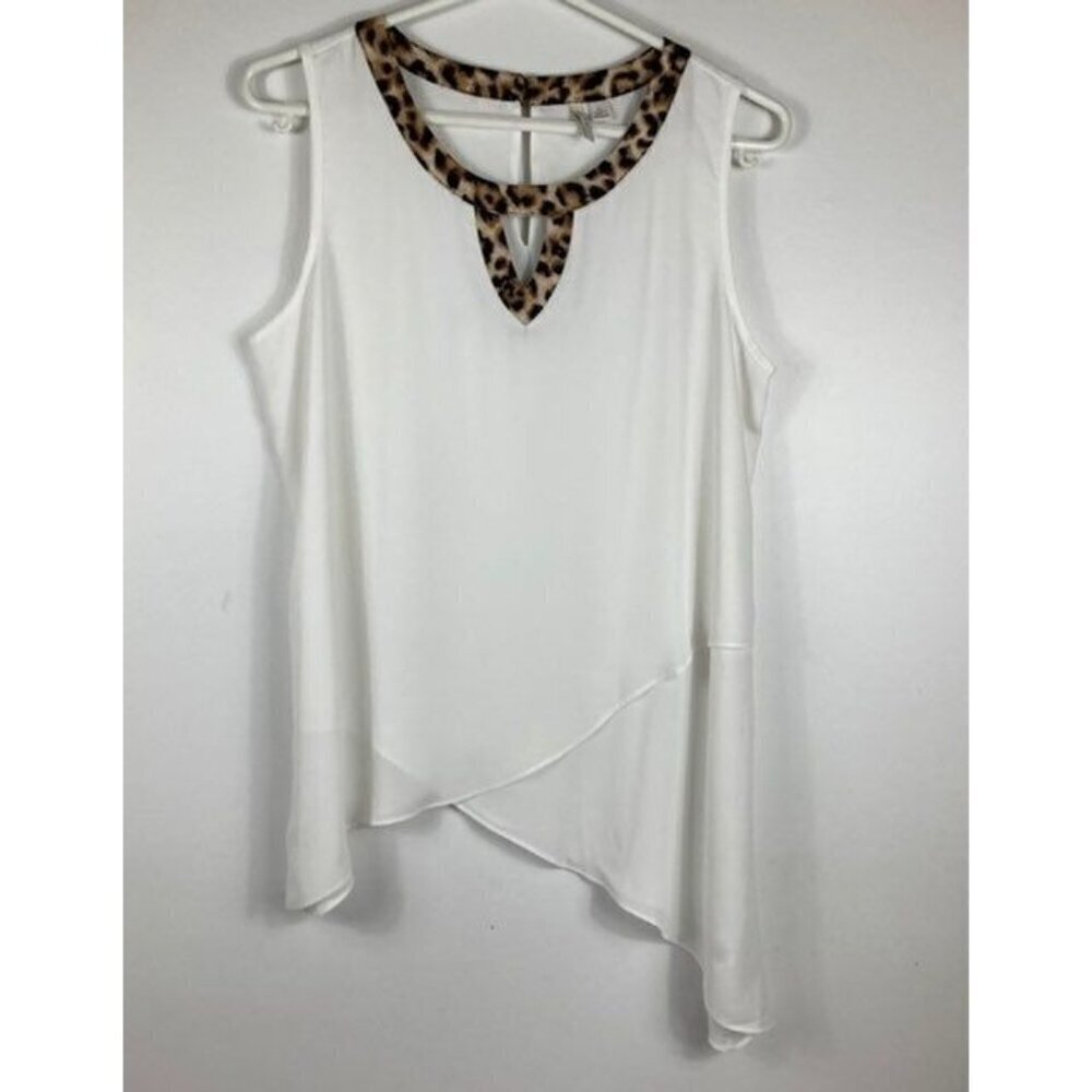 Womens Cato‎ Sleeveless Asymmetrical Blouse Leopard Trim L